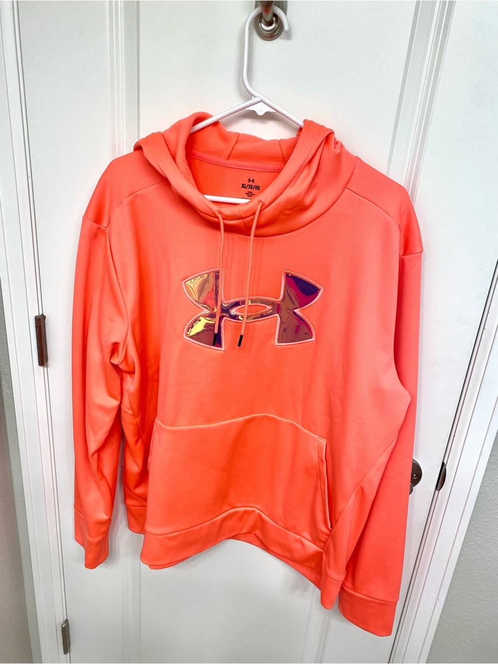 Under Armour Women’s Coral Pink Pullover Hoodie with Iridescent Logo